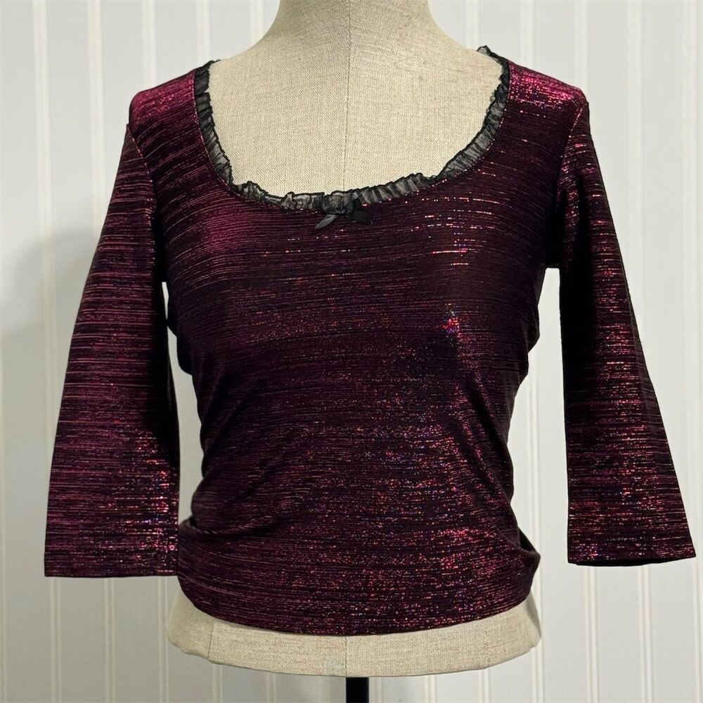 VTG 90s SELECTIONS Metallic Shimmer Square Neck‎ Top Burgundy Lace Trim Size S
